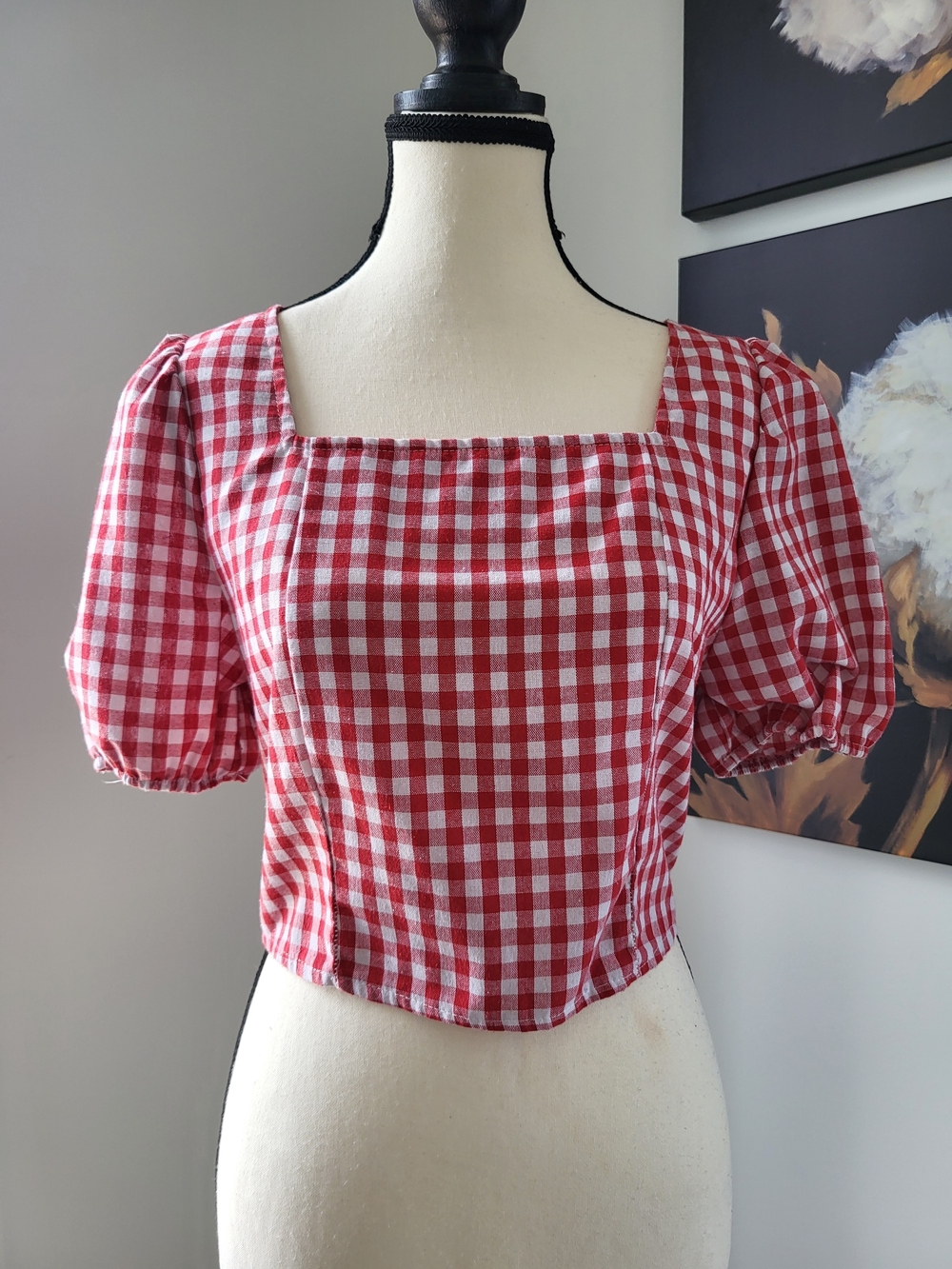 3/$3] Red Gingham Square-Neck Puff Sleeve Crop Top